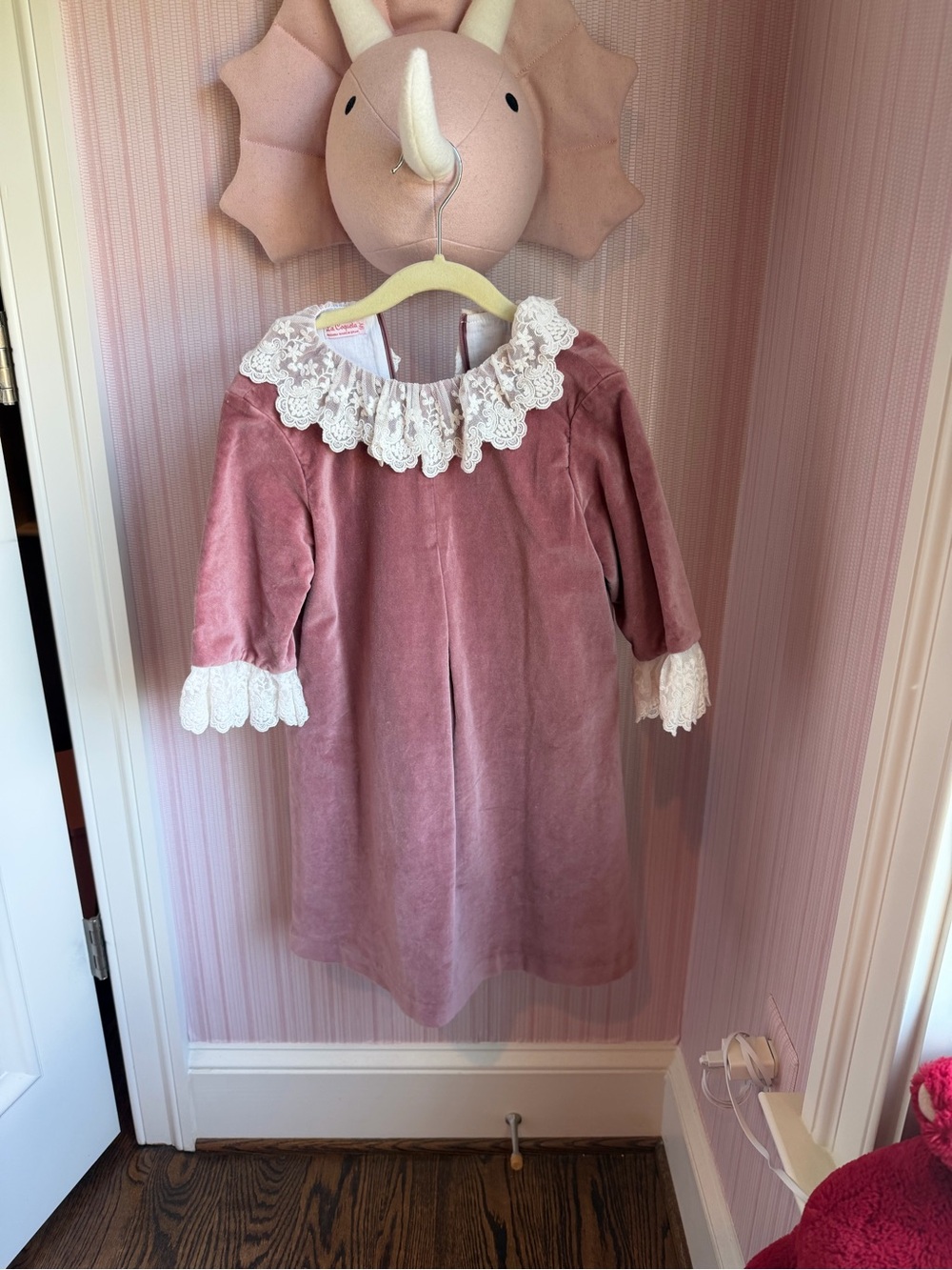Velvet Lace-Trim Pink Girls' Dress